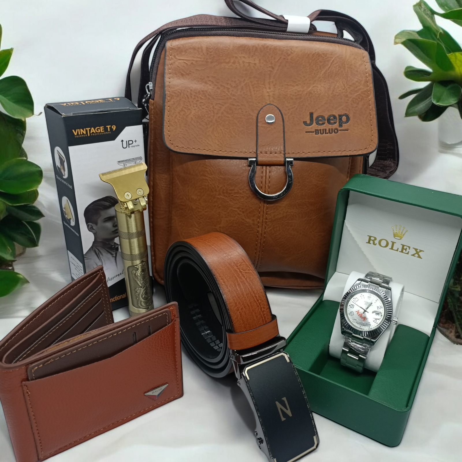 Pack 8 :  Sacoche jeep +Montre rolex+Tondeuse+ portefeuille +Ceinture + décoration cadeau 
